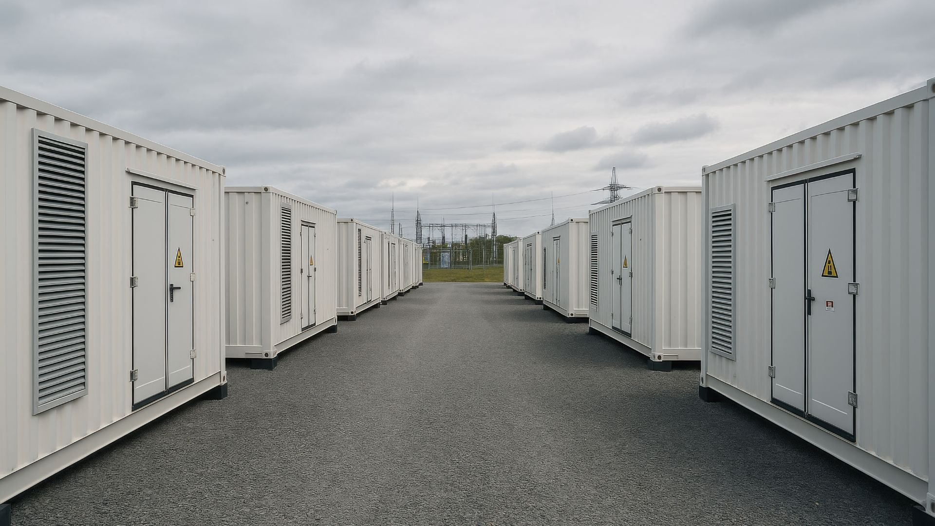 White shipping containers lined up in rows near electrical transmission towers