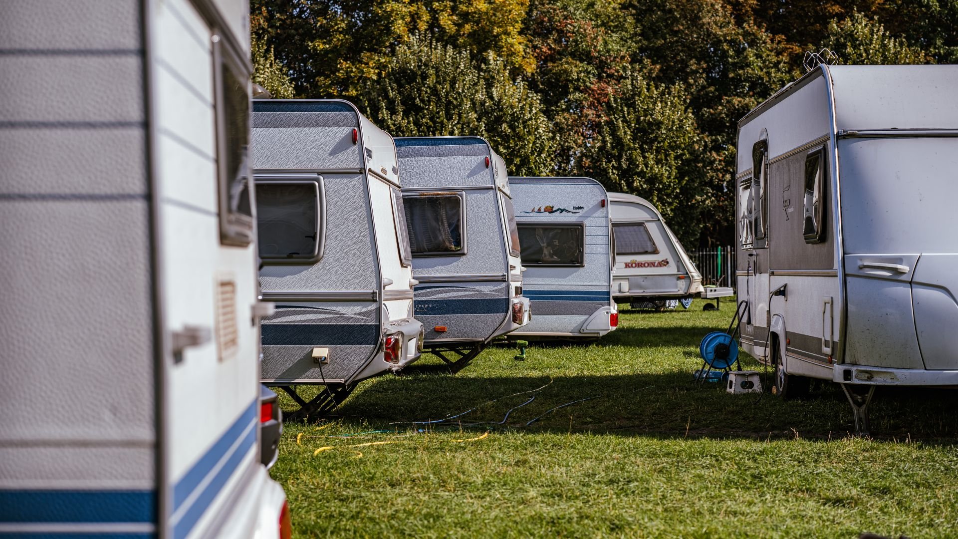 Several white caravans parked on green grass with trees in background